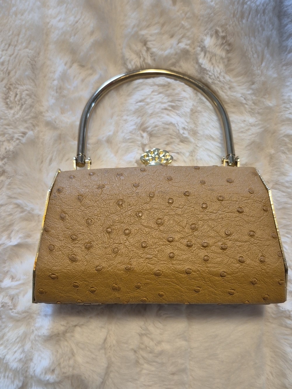 Bijoux Terner Mini Purse, Brown Faux Ostrich Top Handle Structured Evening Bag - Picture 2 of 10